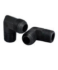 Heavy Duty Carbon Steel D Type Elbow Male Ball Joint Hydraulic Oil Pipe Fitting Forged Right Angle Connector Solid Build Garage Shop Top Shelf Fluid Line Replacement Parts Legit and built to last hard enough for your next big fix up job., black carbon steel elbow pipe fittings shown from side and front