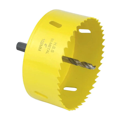 Four Inch Hole Saw Kit With Arbor Mandrel Bi-Metal Deep Cut For Wood Drywall Plywood Plastic And Thin Metal One And A Half Inch Cutting Depth Three Eighths Inch Hex Shank Ideal For Cornhole Boards