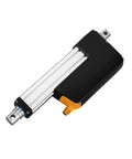 Side view of 12V ultra high-force linear actuator with black housing, silver rail, orange connector and rod-end eye