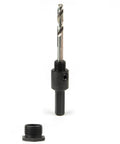 Klein Tools 31905 hole saw arbor with adapter, 3/8-inch, front view with drill bit and loose nut.