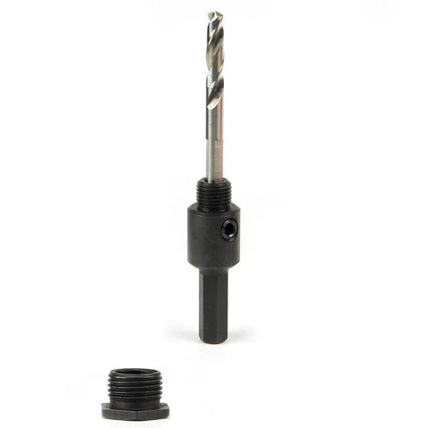 Klein Tools 31905 hole saw arbor with adapter, 3/8-inch, front view with drill bit and loose nut.