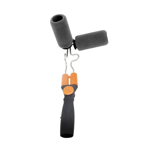 Telescopic Dual Roller Paint Brush Kit With Adjustable Rod For Fences Railing And Corners Fits Standard Handles Smooth Operator Grip close-up view.