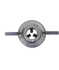 Heavy Duty 200M Manual Welding Positioner Self Centering Chuck With Three Jaws and 80M Center Hole Clamp Range For Metal Fabrication Pros top view of self-centering chuck with handle.