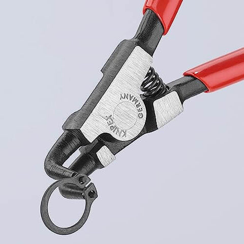 Close-up of external 90 degree angled snap ring pliers with forged tips, precision grade tool, durable construction, ergonomic grip for tradesmen use