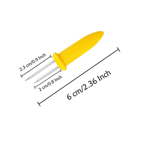24 Pack Stainless Steel Corn Holders For Grillin And Barbecue Cob Skewers with yellow handle, stainless pins, and measurements shown.