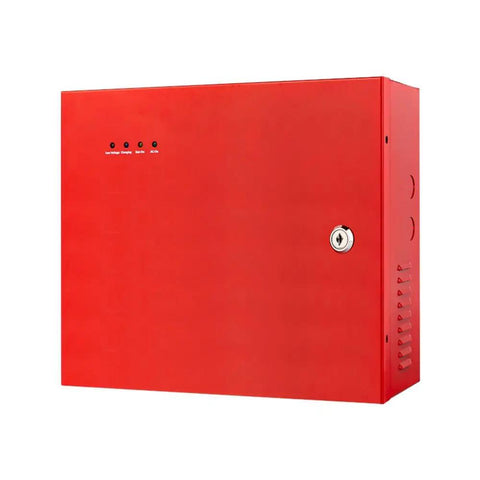 Front view of red 24V 5A 120W Fire Alarm Power Supply With Uninterruptible Backup Function Battery Not Included for safety equipment.