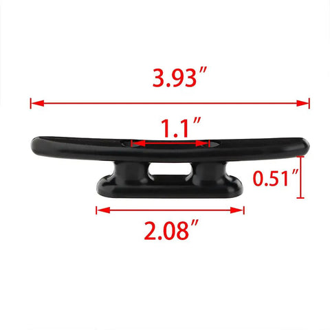 Heavy Duty 4 Inch Black Nylon Marine Dock Cleats 4 Pack With Premium Stainless Steel Screws For Boat Yacht Rope Mooring, measurements displayed.