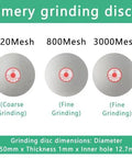 Emery grinding discs showing three different mesh sizes: 320 mesh, 800 mesh, and 3000 mesh for precise sharpening.