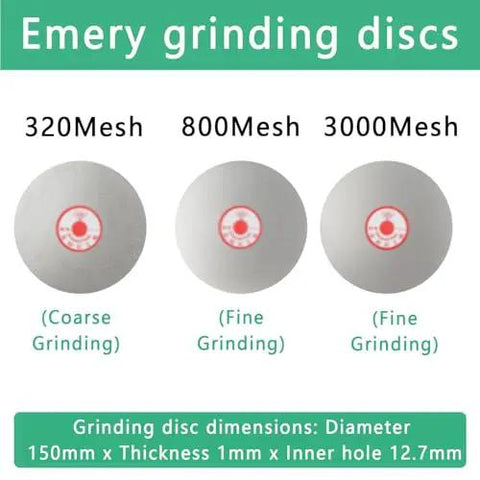Emery grinding discs showing three different mesh sizes: 320 mesh, 800 mesh, and 3000 mesh for precise sharpening.