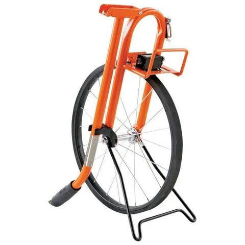 Heavy Duty Metal Frame Measuring Wheel With Foot Graduations And Geared Mechanical Clicker Counter For Outdoor Layouts Featuring Smooth Rubber Tire And Large Display Numbers Built Tough To Get Measurements Squared Away Fast And Reliable