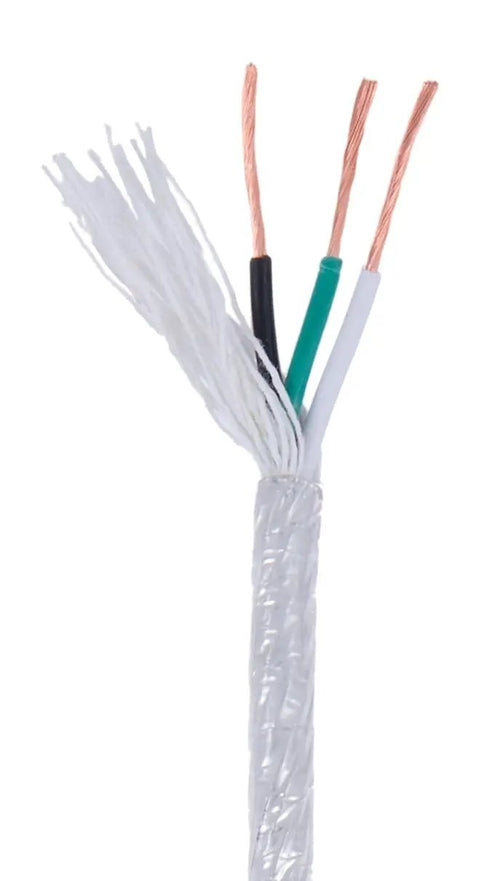 Clear Silver 18/3 SVT PVC Lamp Cord Three Wire For Pendant And Pulley Lighting Fixtures 250 Ft Spool Heavy-Duty PVC Jacket With Fiber Reinforced Strength, showing three insulated conductors.