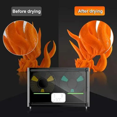 Before and after effects using Filament Dryer Box For 3D Printers With Auto Humidity Control, Holds Four 1Kg Spools, showing print quality improvement.