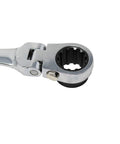 Close-up of Extra Long Flexible Ratcheting Wrench with 90 tooth design and dual rotating heads for tight spots, spline gear