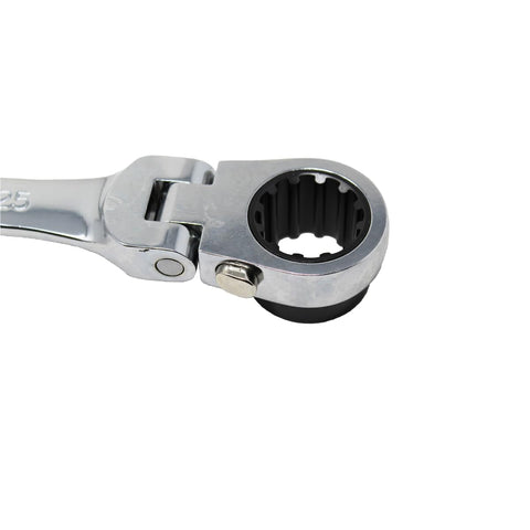 Close-up of Extra Long Flexible Ratcheting Wrench with 90 tooth design and dual rotating heads for tight spots, spline gear