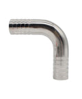 Side view of stainless steel 1-inch hose barb 90-degree elbow fitting with barbed ends