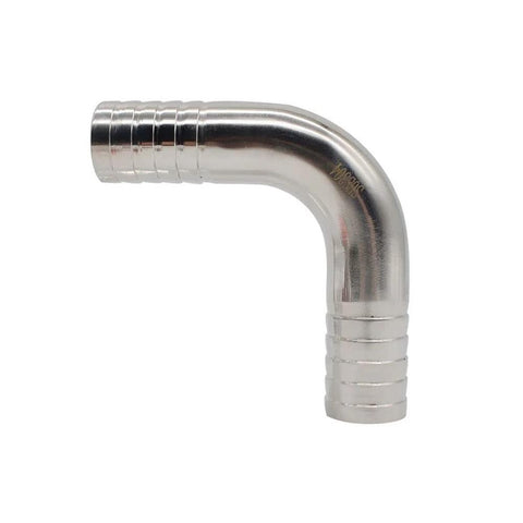 Side view of stainless steel 1-inch hose barb 90-degree elbow fitting with barbed ends