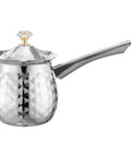 Side view of a 200ml stainless steel Turkish Coffee Pot Cezve Ibrik with a long handle, diamond pattern, and decorative knob lid.