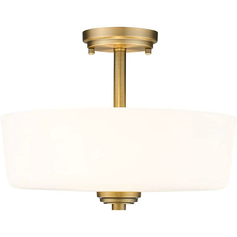 Three Light Matte Opal Glass Semi Flush Mount in Heritage Brass Finish, Classic Tuscan Vibe Ceiling Light with Deep Round Shade