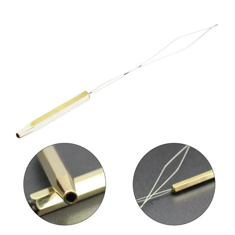Fishing Line Winder And Fly Tying Bobbin Threader Tool For Outdoor Finisher With Stainless Steel And Brass Build, Easy Threading, Durable Angling Gear For Precise Thread Alignment And Quick Tying. Brass threader tool with clear line loop and close-up views