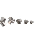 Six-piece set of 90-degree, 3-flute chamfering end mills, HSS countersink bits for metalworking; front view.