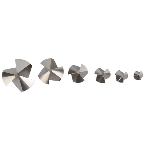 Six-piece set of 90-degree, 3-flute chamfering end mills, HSS countersink bits for metalworking; front view.