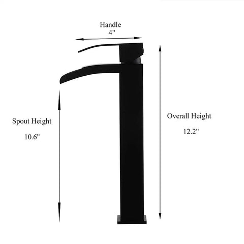 Side view of Dope Sleek Black Vessel Sink Faucet With Waterfall Spout And Single Handle, 12.2 in tall, spout height 10.6 in