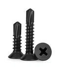 Heavy Duty Flat Head Sheet Metal Screws, Phillips Drive Self Tapping Wood Screws, 410 Stainless Steel Black Oxide Finish, showing two screws and one screw head.