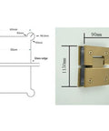 Rock Solid Frameless Glass Shower Door Hinge For Modern Bathrooms Featuring Zero Hassle Installation And Smooth 180 Degree Swing Action With Durable 304 Stainless Steel In Sleek Brushed Gold Finish, showing dimensions and design details.
