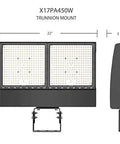 Hella Bright Badass LED Floodlight Twistlock Photocell Trunnion Mount dimensions with detailed view showing mounting bracket and size.