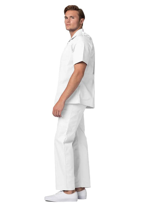 Side view of Men's Zip Front Scrub Jacket With Short Sleeves, White, Size Large, Durable Medical Uniform, worn by a model.