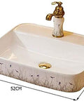 New Premium Ceramic Rectangle Vessel Sink For Bathroom Vanity Sleek Above Counter Wash Basin Slick Glossy Finish No Sweat Cleanup Hand Painted Art Style with gold faucet