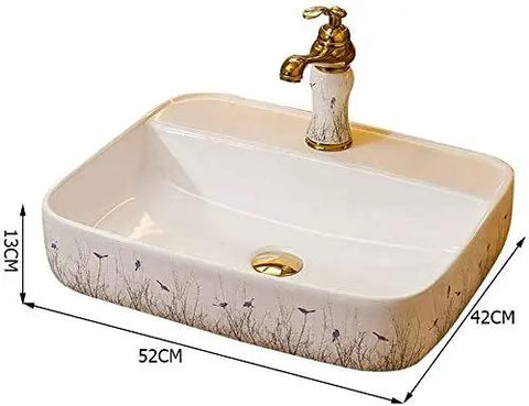 Ceramic Vessel Sink For Bathroom Vanity, Above Counter Rectangular Wash Basin Featuring Hand Painted Nordic Artistry, Slick Glossy Finish And Fresh Contemporary Style That Pops In Any Space, 52 x 42 x 13 cm.