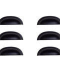 Set of six black half-moon cabinet pulls on a white background.