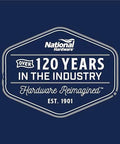National Hardware badge logo celebrating over 120 years in the industry, established in 1901, with a blue background.