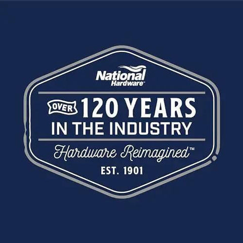 Vintage-style badge reading 'Over 120 Years in the Industry, Hardware Reimagined, Est. 1901' by National Hardware.
