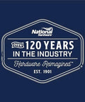 National Hardware logo with 'Over 120 Years in the Industry', 'Hardware Reimagined', established 1901, on blue background