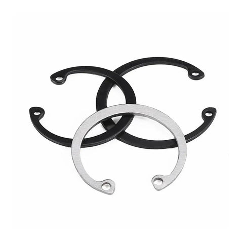 Hot Pick Heavy Duty Black Carbon Steel M40 Shaft Clamps And Hole Washers Plus Snap Retainers For Home DIY Fixes Fasteners Set! black and silver retaining rings on white background.