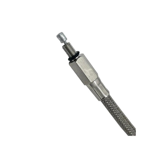 Close-up of threaded end of 180cm Braided Stainless Steel Clutch Line Universal Fit for Harley XL 883 1200N and More Models.