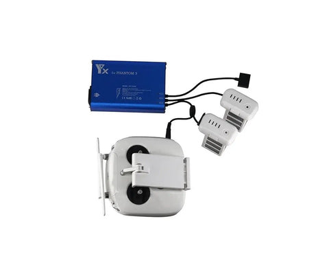 4 In 1 Parallel Power Hub For Phantom 3 Drone Battery Transmitter Charger with blue aluminum shell and connected cables