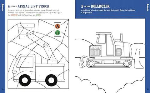 Pages from the Busy Preschool Builders Learn With Trucks Tools And Mighty Machines In A Fun Construction Site Activity Book For Kid Friendly Hands And Curious Minds Ages 3 To 5, showing an aerial lift truck and bulldozer coloring activity.