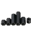 Hella Solid Nylon Standoff Spacers Female Threaded Plastic Brackets M2 Through M6 Mounting Hardware in black, shown in various sizes.