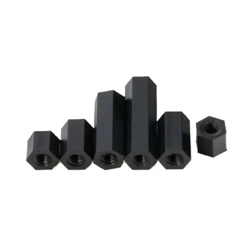 Hella Solid Nylon Standoff Spacers Female Threaded Plastic Brackets M2 Through M6 Mounting Hardware in black, shown in various sizes.