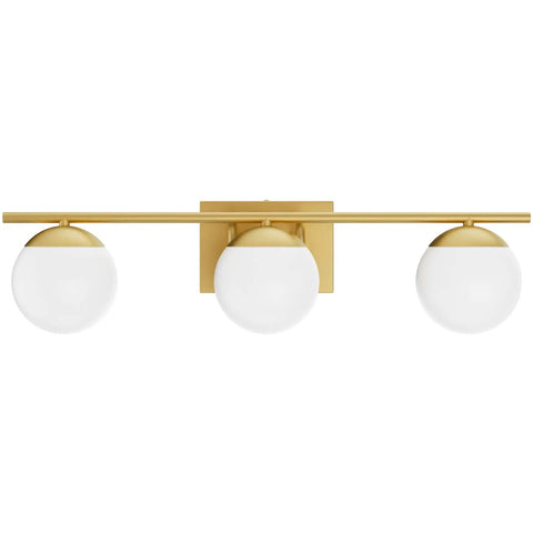 Slick Gold Vanity Light Fixture Three Light Mid Century Modern Bathroom Wall Sconce With Milky Glass Globe, 24 Inch Long