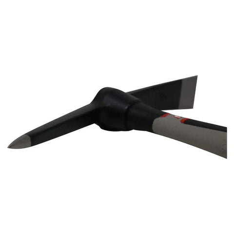 Side view of digger pickaxe with carbon fiber handle, 450 g forged steel head and secure glass fiber wedge connection for durability.