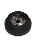 Racing Steering Wheel Short Hub Adapter For 240SX S13 S14 With SR20 Or KA24 Engines Easy Install shown in black and silver.