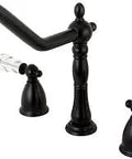 Oil Rubbed Bronze Widespread Kitchen Faucet With Eight To Sixteen Inch Spacing And Eight And A Quarter Inch Spout Reach Deck Mount Three Hole Installation Solid Brass Construction Low Flow One Point Eight GPM At Sixty PSI Sprayer Not Included