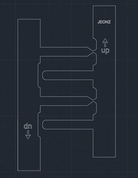 Technical drawing of JEONZ duct system with labeled flow directions, highlighting airflow paths in HVAC systems.