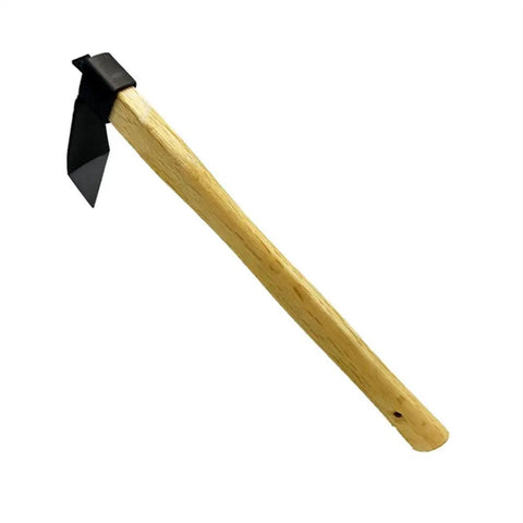Carbon Steel Hand Hoe and Solid Mattock Digging Tool for Garden Work with a long wooden handle and steel head.