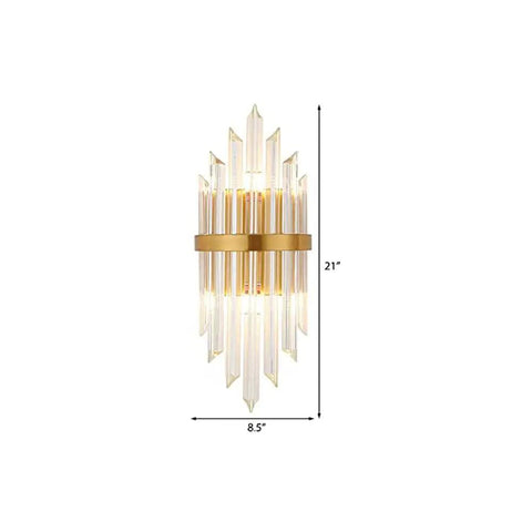 Modern Clear Crystal Wall Sconce With Slick Diamond Etching And Bright Up Down Lighting For Bedroom Foyer Or Dining Nook Top Shelf Gold Hardware Fast Mount Good Vibes Smooth Room Refresh, 21 inch tall with gold finish.