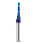 Side view of a blue-coated carbide ball-nose CNC router bit, 1/4in shank, 1/8in cut, 2in length
